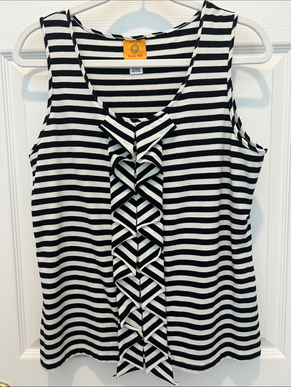 Ruby Rd. Black & White Striped Ruffle Front Tank - Picture 1 of 3
